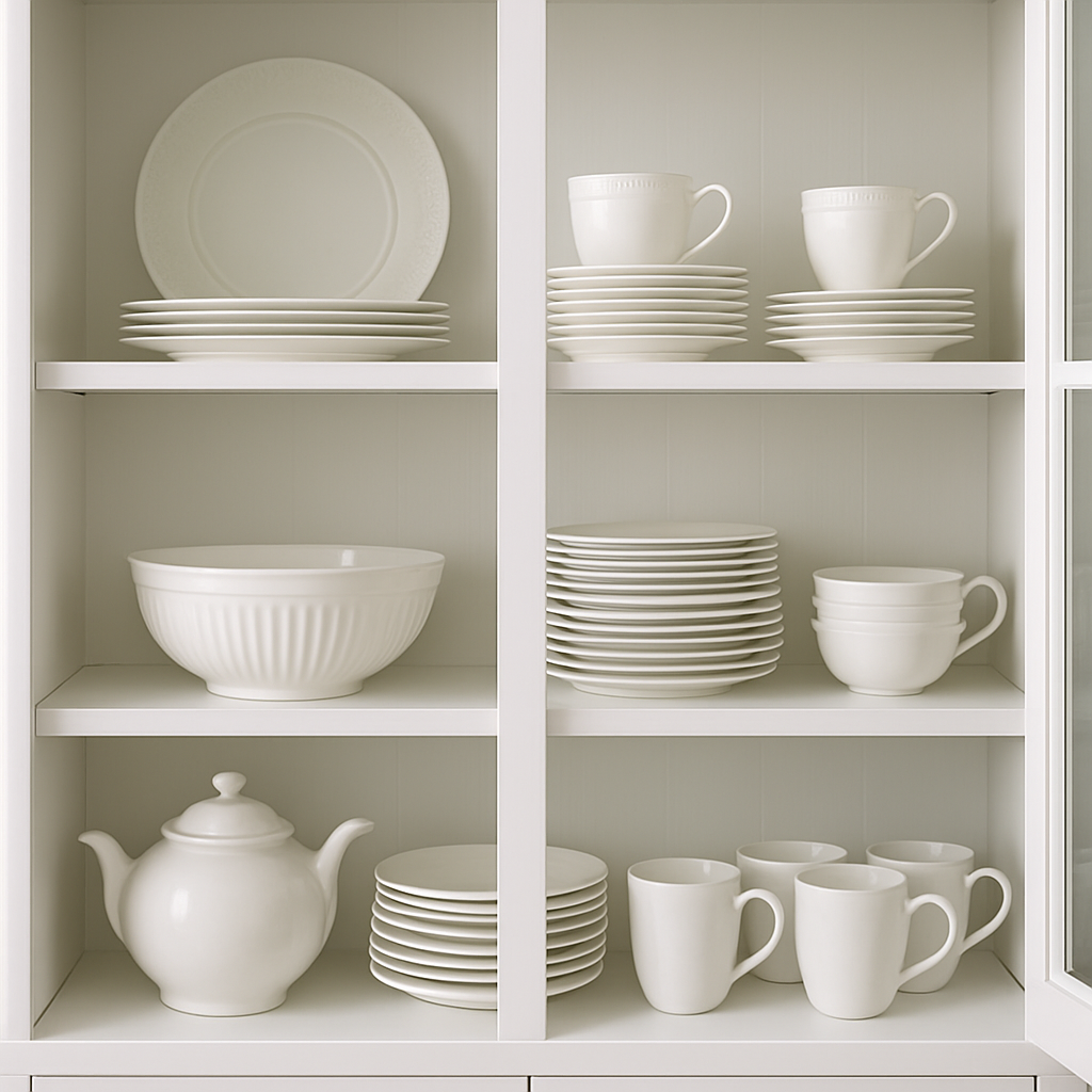Clean dishes organized neatly on kitchen shelves