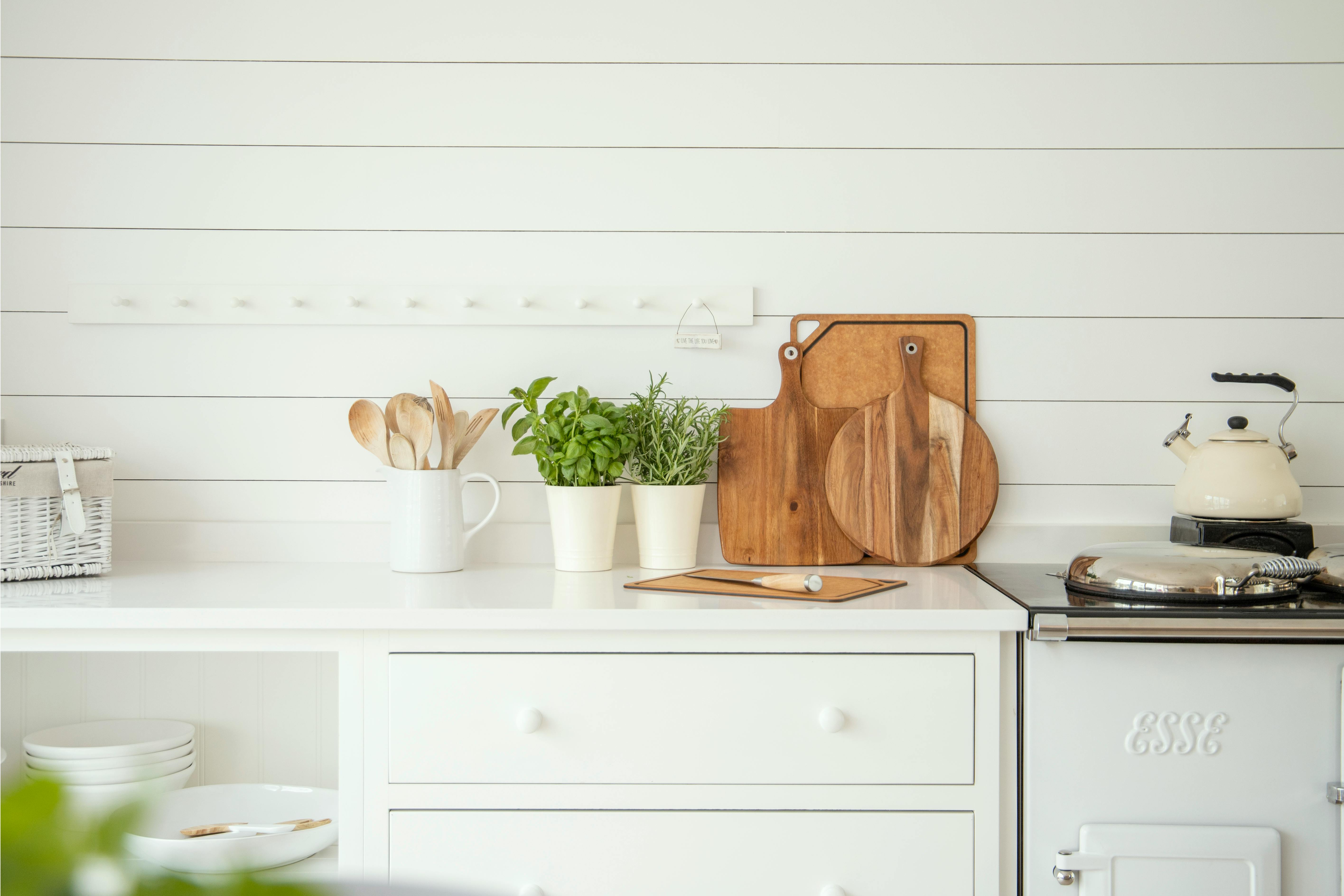 Spotlessly cleaned kitchen counter with neatly arranged items